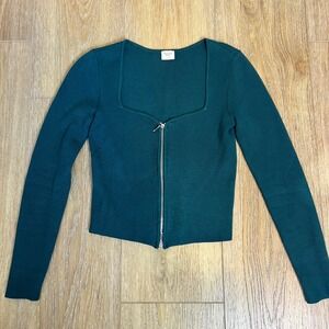Abercrombie Fitch Womens Square Neck Long Sleeve Zipper Crop Top Teal‎ Small